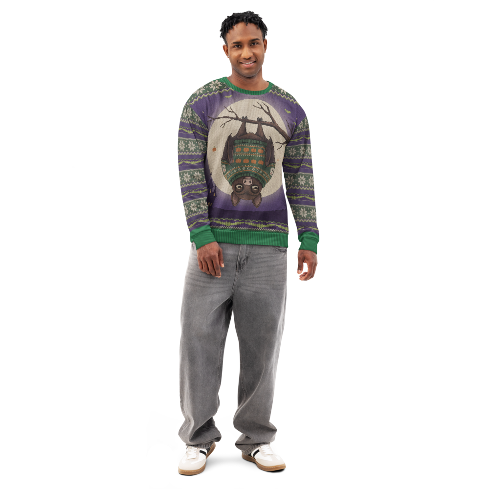 Hang In There Halloween Ugly Sweatshirt, All-Over Print on male model, front