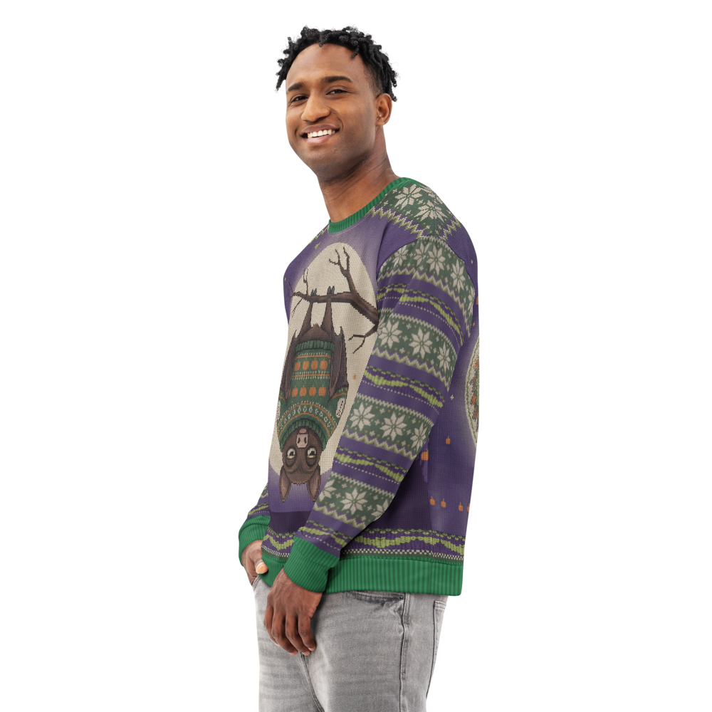 Hang In There Halloween Ugly Sweatshirt, All-Over Print on male model, side