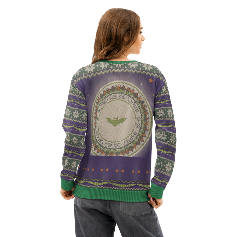 Hang In There Halloween Ugly Sweatshirt, All-Over Print on female model, back
