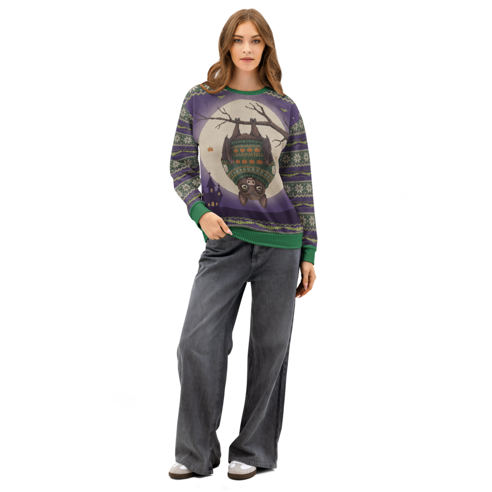 Hang In There Halloween Ugly Sweatshirt, All-Over Print on female model, front