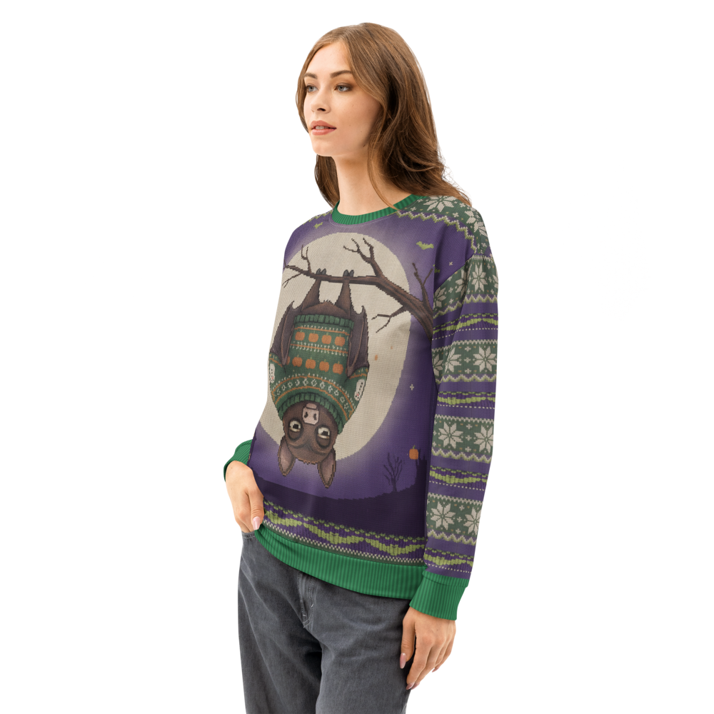 Hang In There Halloween Ugly Sweatshirt, All-Over Print on female model, side
