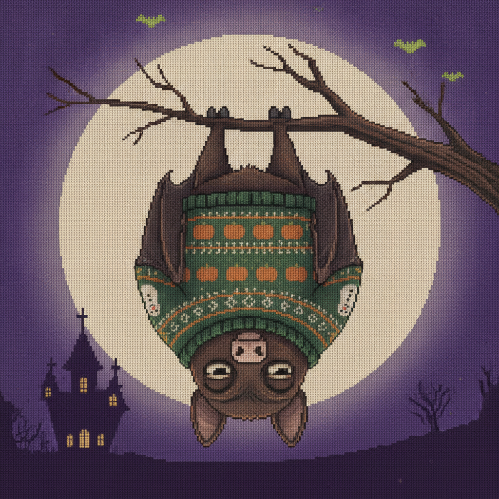 Hang In There Halloween ugly sweater character art: a bat in a knitted sweater hanging upside down from a bare branch in front of a full moon, a haunted house below