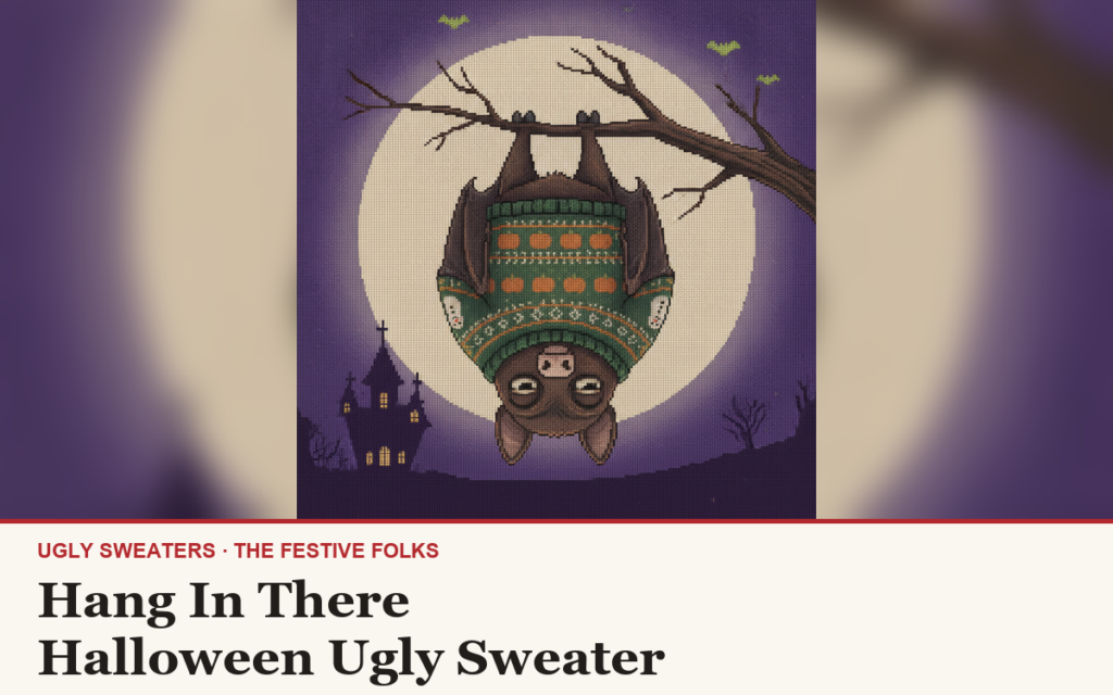 Hang In There ugly sweater article cover: the Hang In There character illustration, house title strip