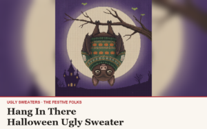 Hang In There ugly sweater article cover: the Hang In There character illustration, house title strip