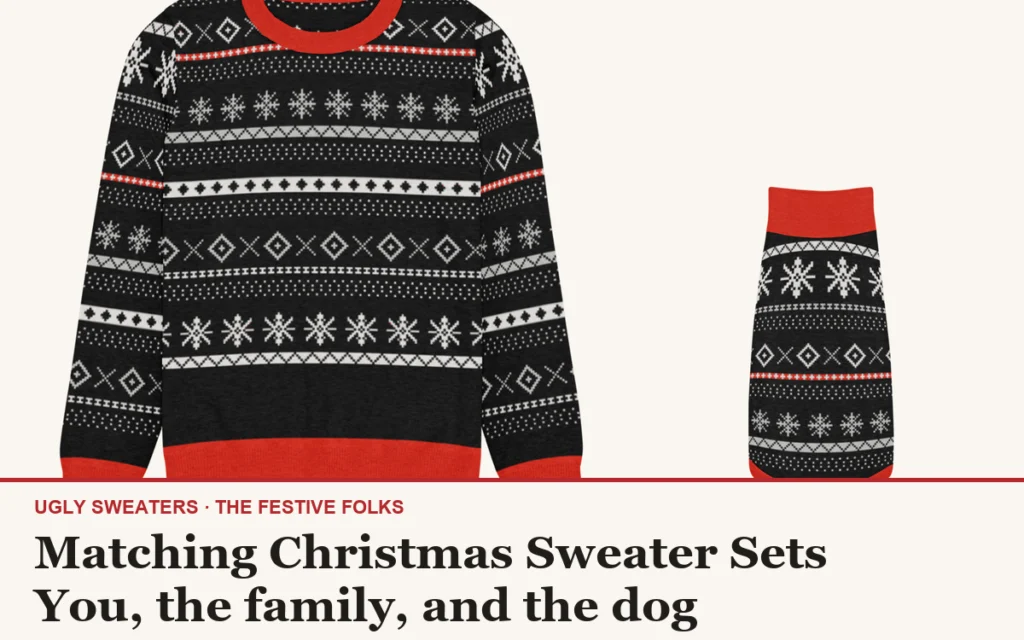 Matching Christmas sweater sets cover: Setesdal knitted crew beside the matching dog sweater, house title strip