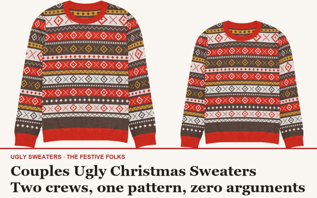 Couples ugly Christmas sweaters cover: two matching Fair Isle knitted crews, house title strip