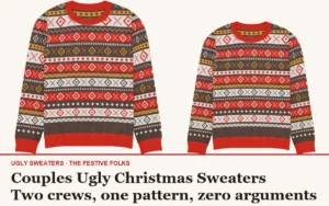 Couples ugly Christmas sweaters cover: two matching Fair Isle knitted crews, house title strip