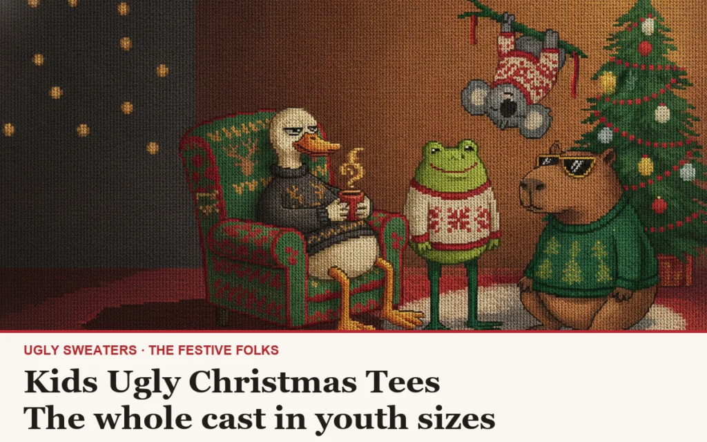 Kids ugly Christmas tees cover: the Festive Folks cast in knitted sweaters, house title strip