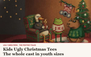 Kids ugly Christmas tees cover: the Festive Folks cast in knitted sweaters, house title strip