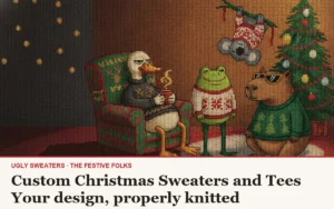 Custom Christmas sweaters and tees cover: the Festive Folks cast in knitted sweaters, house title strip