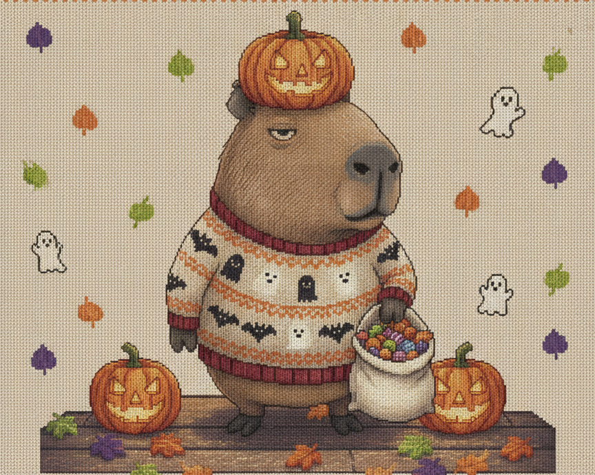 Pumpkin Spice Capybara, as printed on the sweatshirt