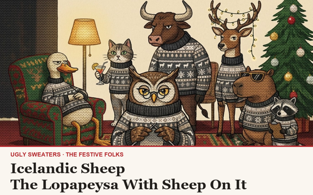 The Festive Folks cast, all wearing the Icelandic Sheep knitted Christmas sweater, in a warm lamplit living room