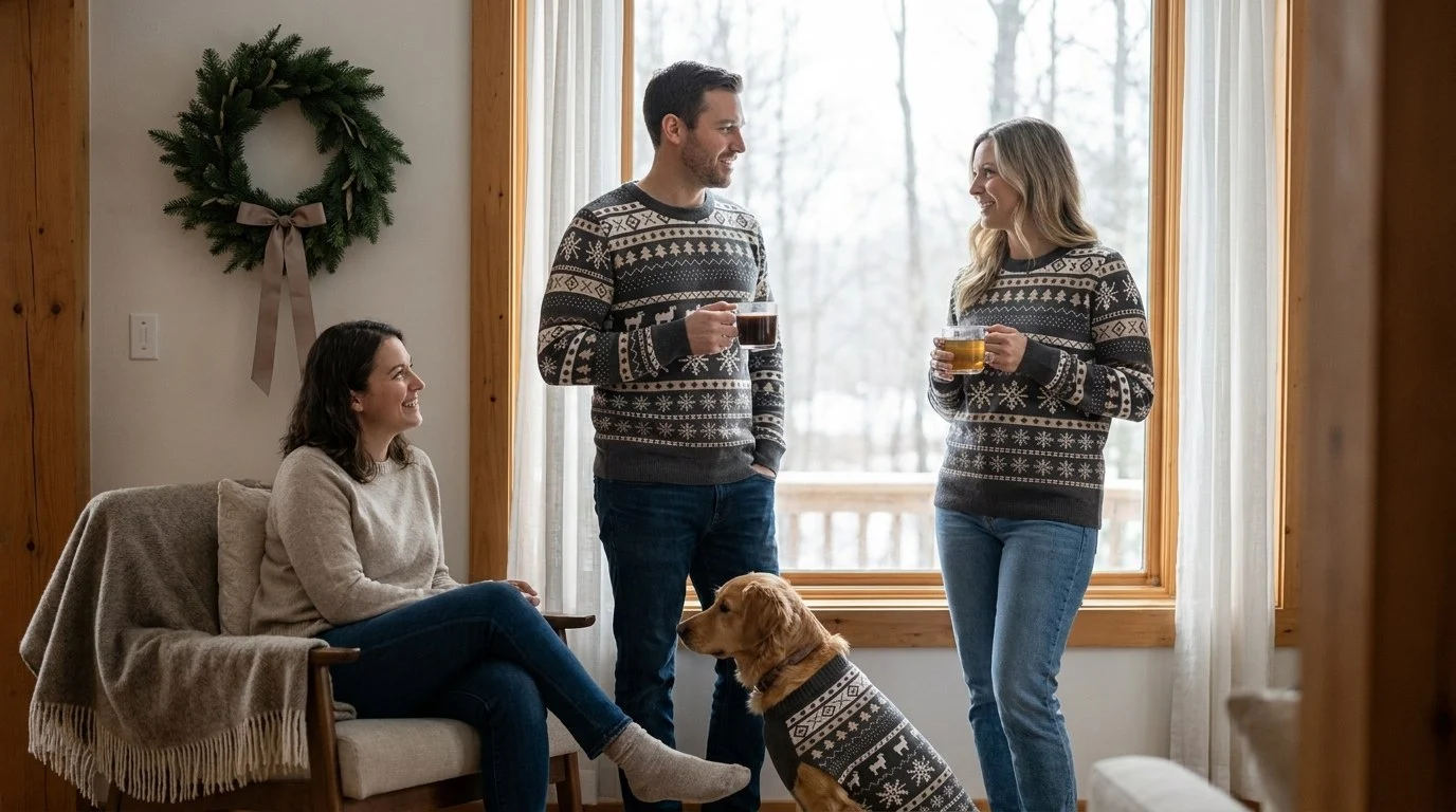 A quiet winter morning with people wearing the Icelandic Sheep knitted Christmas sweater, and a dog in the matching knitted pet sweater
