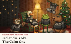 The Festive Folks cast in knitted illustration style, all wearing Icelandic Yoke Knitted Christmas Sweater
