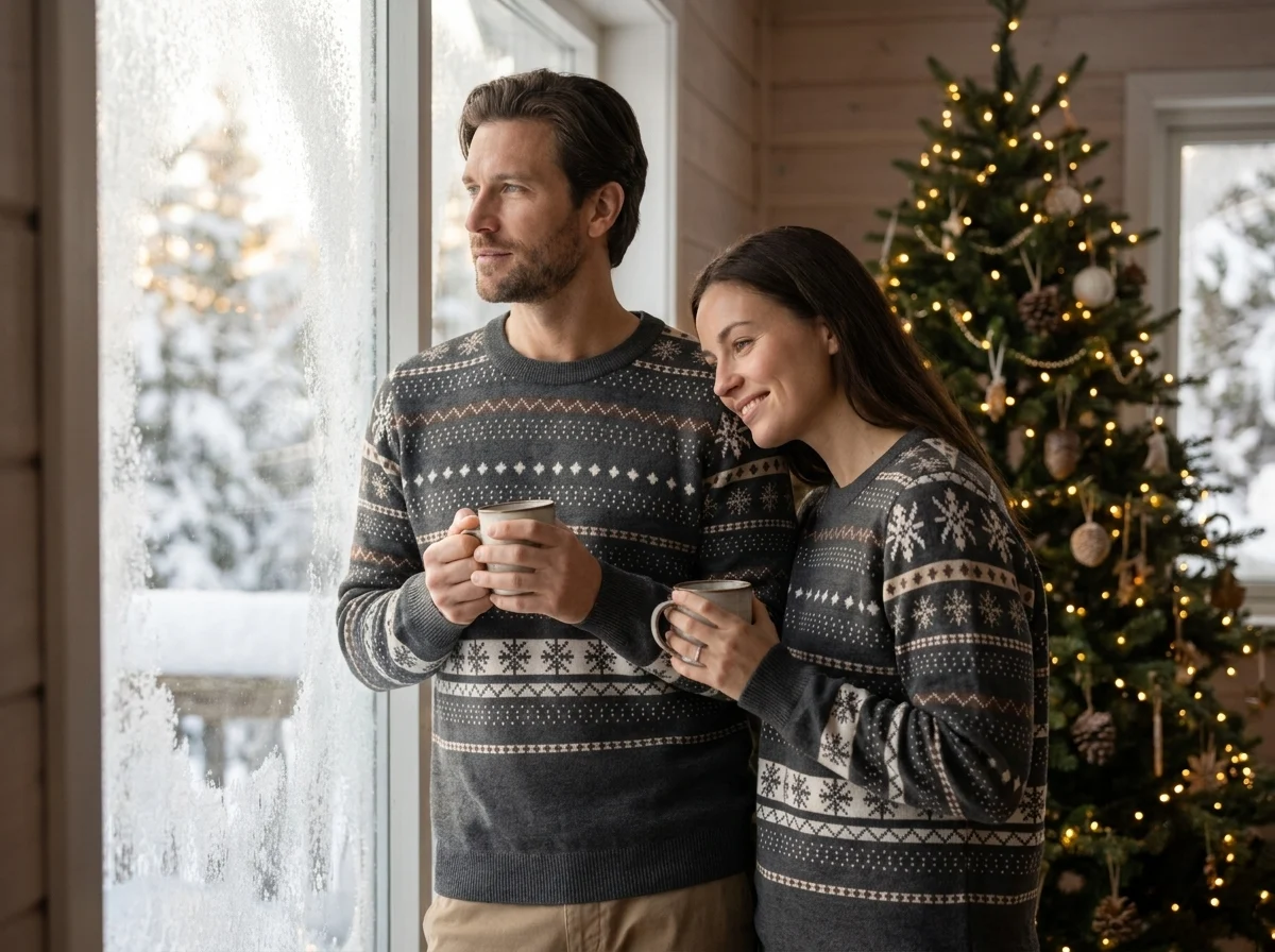 A couple at a frosted window wearing the Icelandic Yoke knitted sweater in natural undyed shades