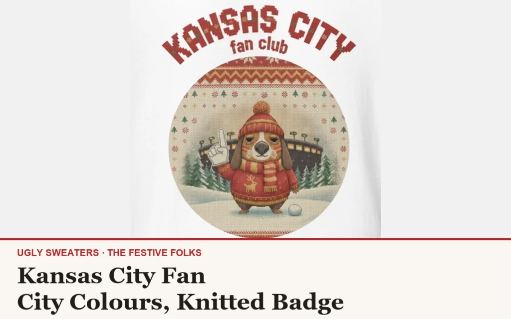 The Kansas City Fan badge design, a droopy-eared dog in a red bobble hat and red-and-gold striped scarf holding a foam finger, on a knitted crest with KANSAS CITY arched above