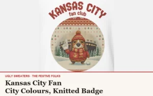 The Kansas City Fan badge design, a droopy-eared dog in a red bobble hat and red-and-gold striped scarf holding a foam finger, on a knitted crest with KANSAS CITY arched above