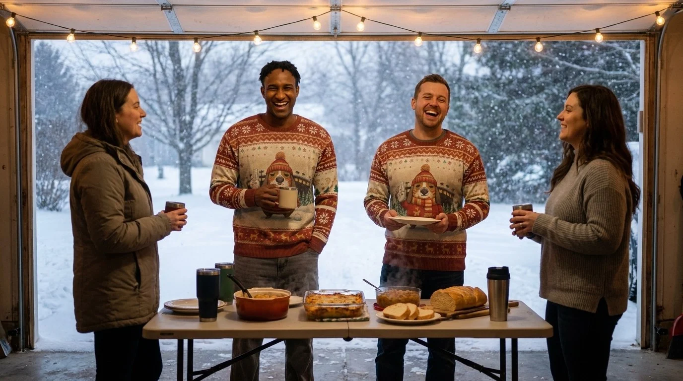 Friends at an open-garage party in the snow, two of them wearing the Kansas City Fan all-over-print sweatshirt