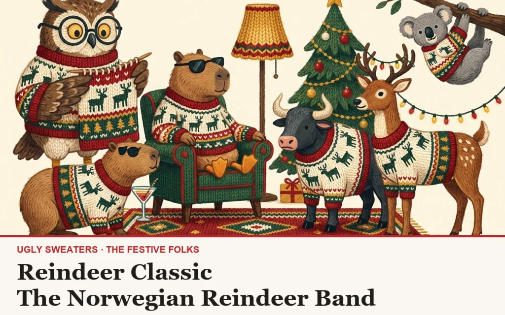 The Festive Folks cast in knitted illustration style, all wearing Reindeer Classic Knitted Christmas Sweater