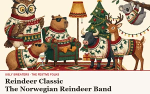 The Festive Folks cast in knitted illustration style, all wearing Reindeer Classic Knitted Christmas Sweater