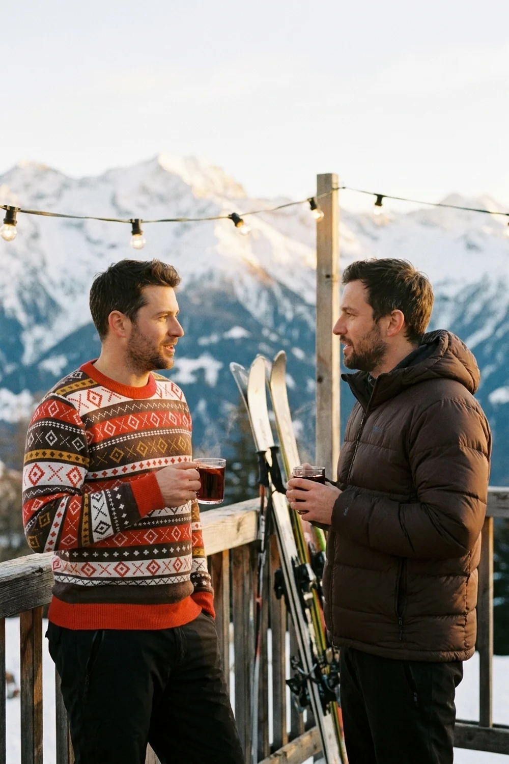 Two friends with mugs of mulled wine on a ski lodge deck at sunset, skis on the rail and snowy peaks behind, one wearing the Fair Isle All-Over knitted Christmas sweater in brown, red, cream and gold