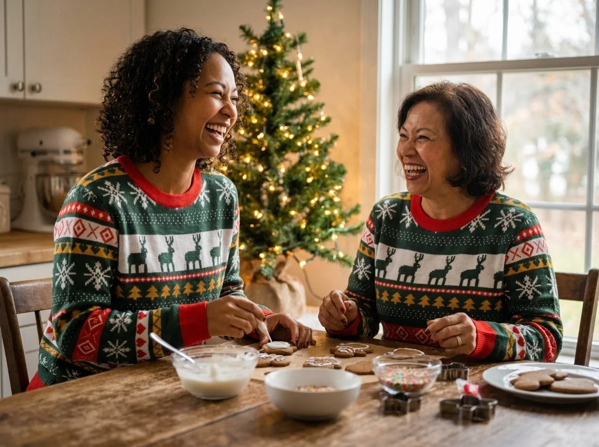 A woman and her mother laughing while decorating gingerbread at a kitchen table, both wearing the Reindeer Classic knitted Christmas sweater with green and red reindeer bands