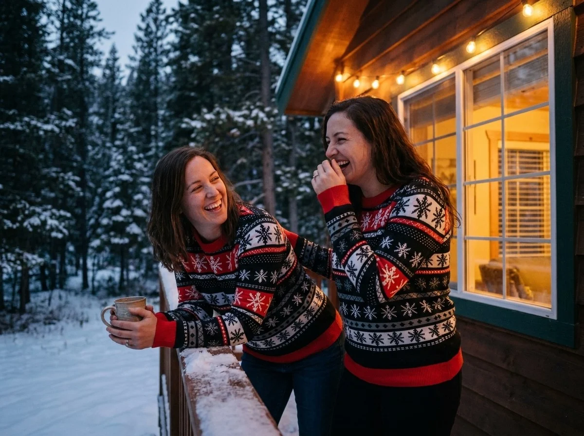 Two friends laughing on a snowy cabin porch at dusk, both wearing the Selbu Stars knitted Christmas sweater with its black, red and white eight-point star bands