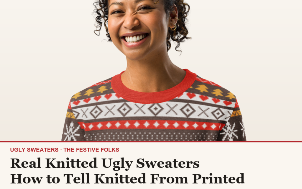 A real knitted Christmas sweater photographed close, showing the stitch texture