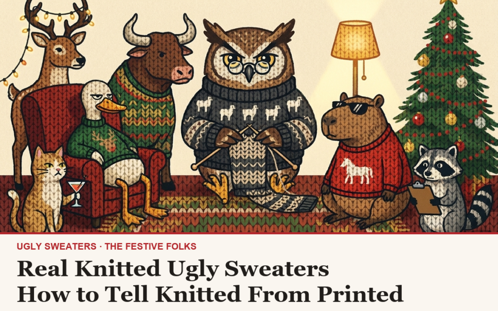 The Festive Folks cast in knitted illustration style, each wearing a different design from the knitted range