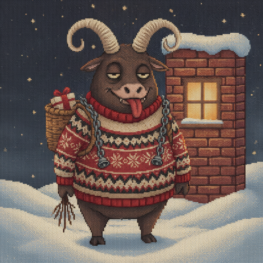 Krampus ugly Christmas sweater character art: a horned goat in a red knitted sweater standing in the snow beside a brick chimney with a basket on his back and presents at his feet