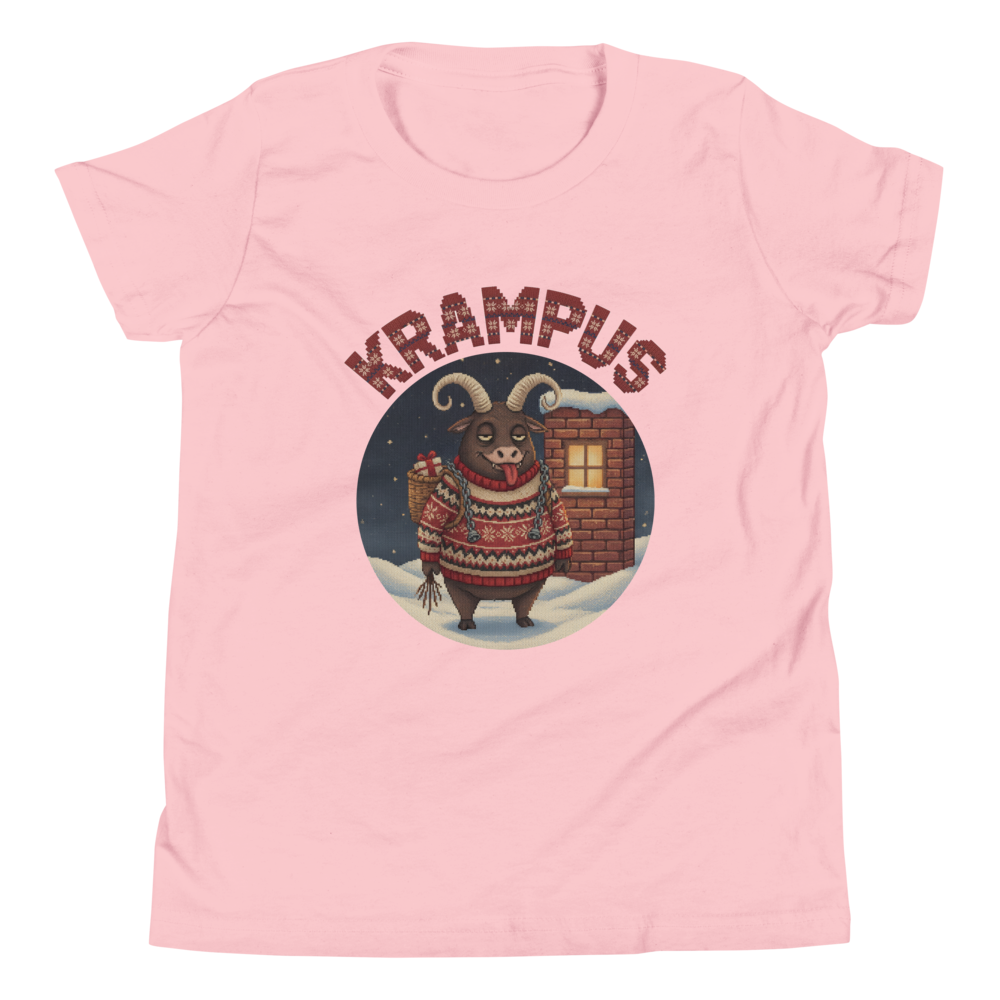 Krampus Kids' Ugly Christmas Tee — Light Pink flat