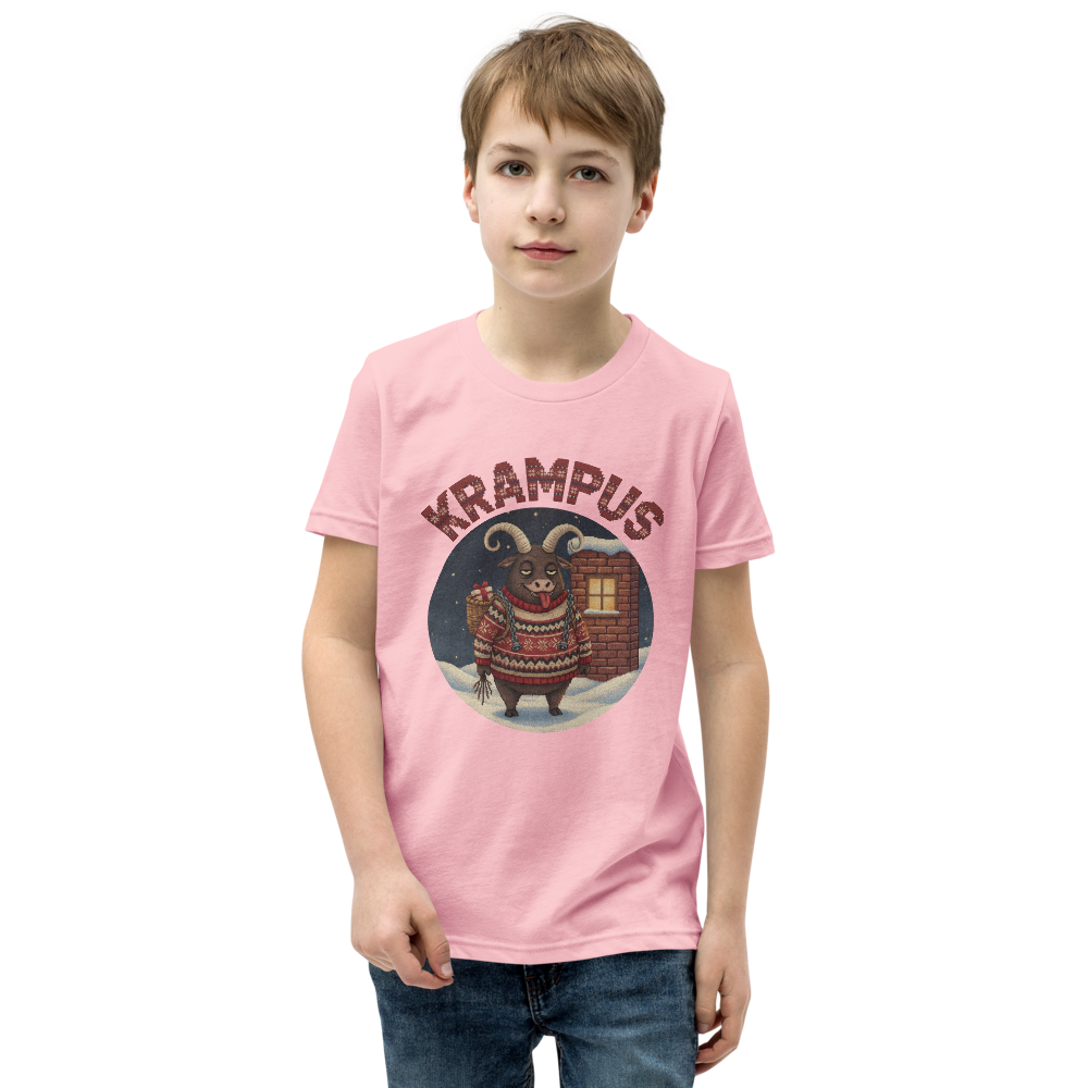 Krampus Kids' Ugly Christmas Tee — Light Pink model