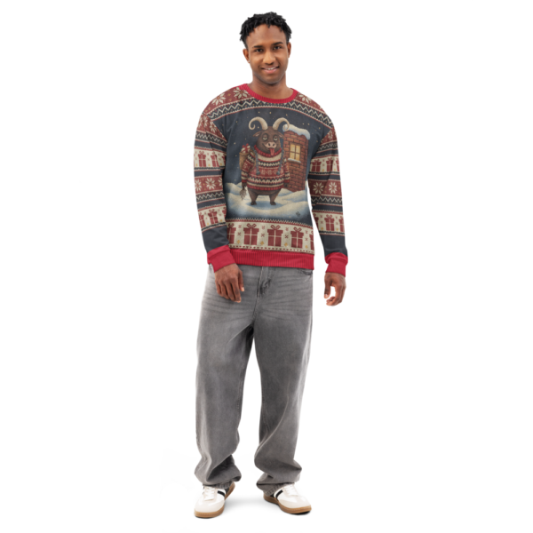 Krampus all-over-print sweatshirt on a model, front view