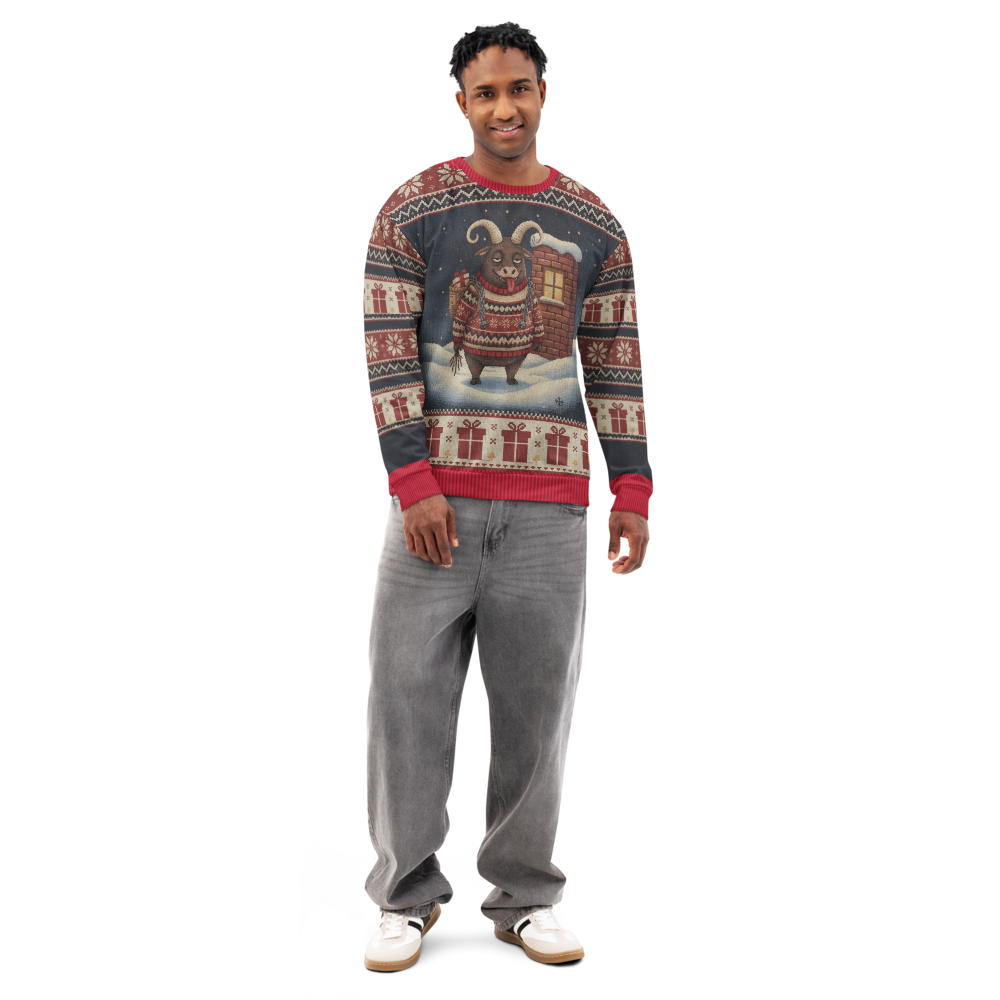 Krampus Ugly Christmas Sweatshirt, All-Over Print on male model, front