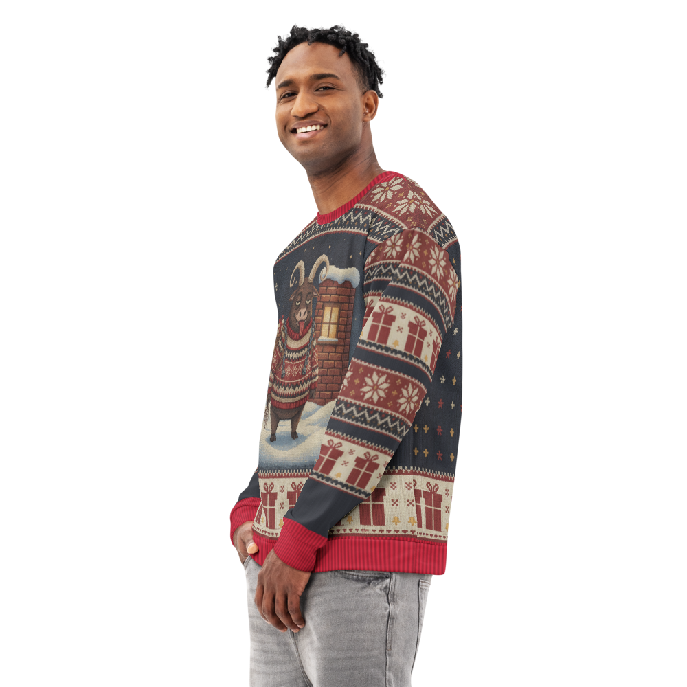 Krampus Ugly Christmas Sweatshirt, All-Over Print on male model, side