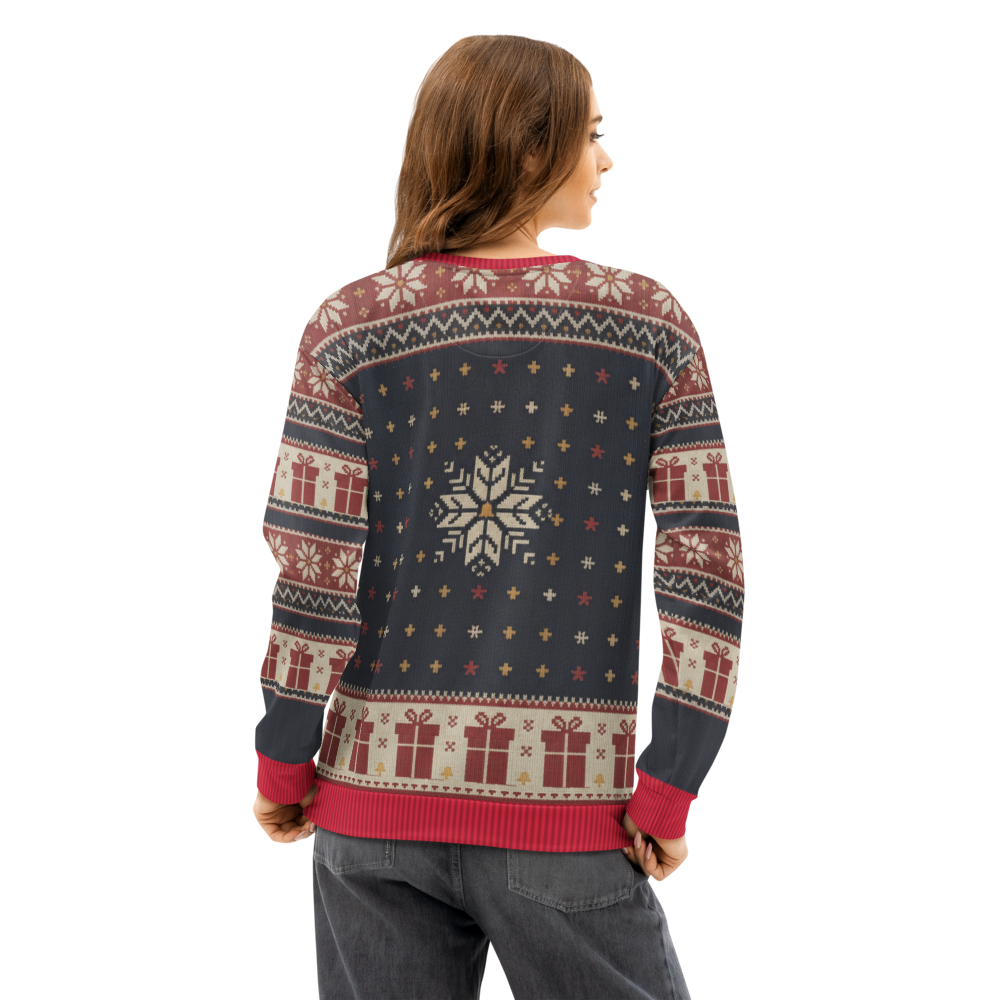 Krampus Ugly Christmas Sweatshirt, All-Over Print on female model, back