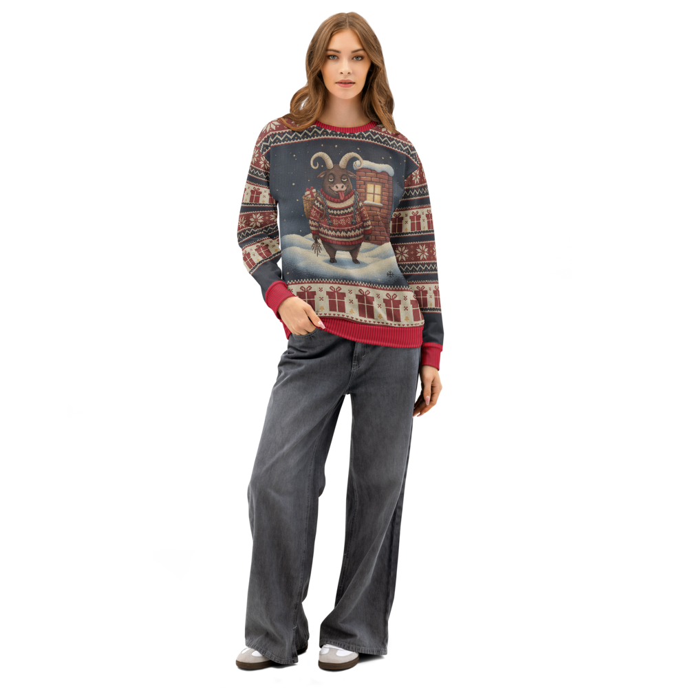 Krampus Ugly Christmas Sweatshirt, All-Over Print on female model, front