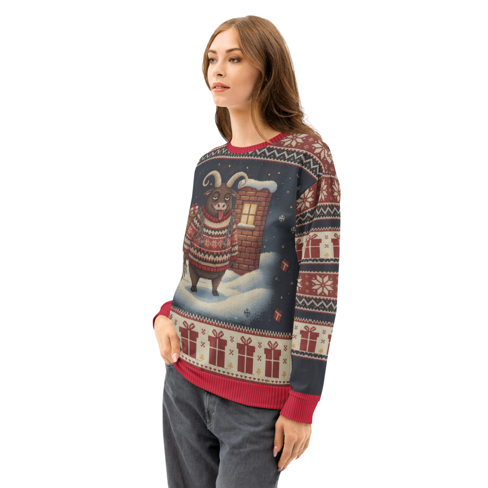 Krampus Ugly Christmas Sweatshirt, All-Over Print on female model, side