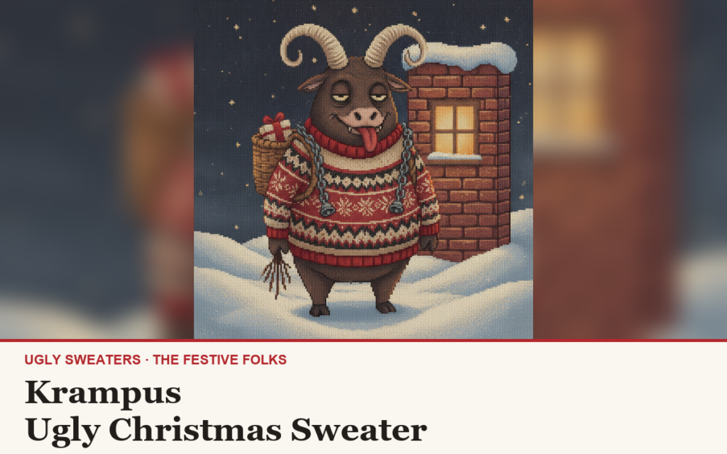 Krampus ugly sweater article cover: the Krampus character illustration, house title strip