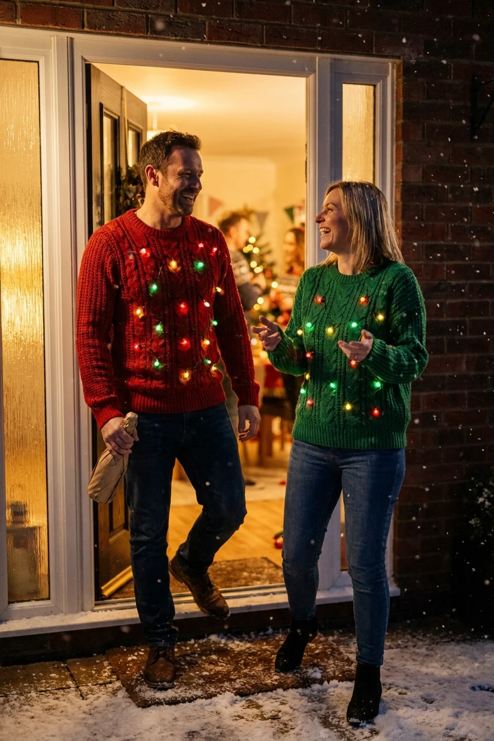 A couple arriving at a friend's front door at night in light-up Christmas sweaters with glowing bulbs, warm light spilling from the open door onto snow