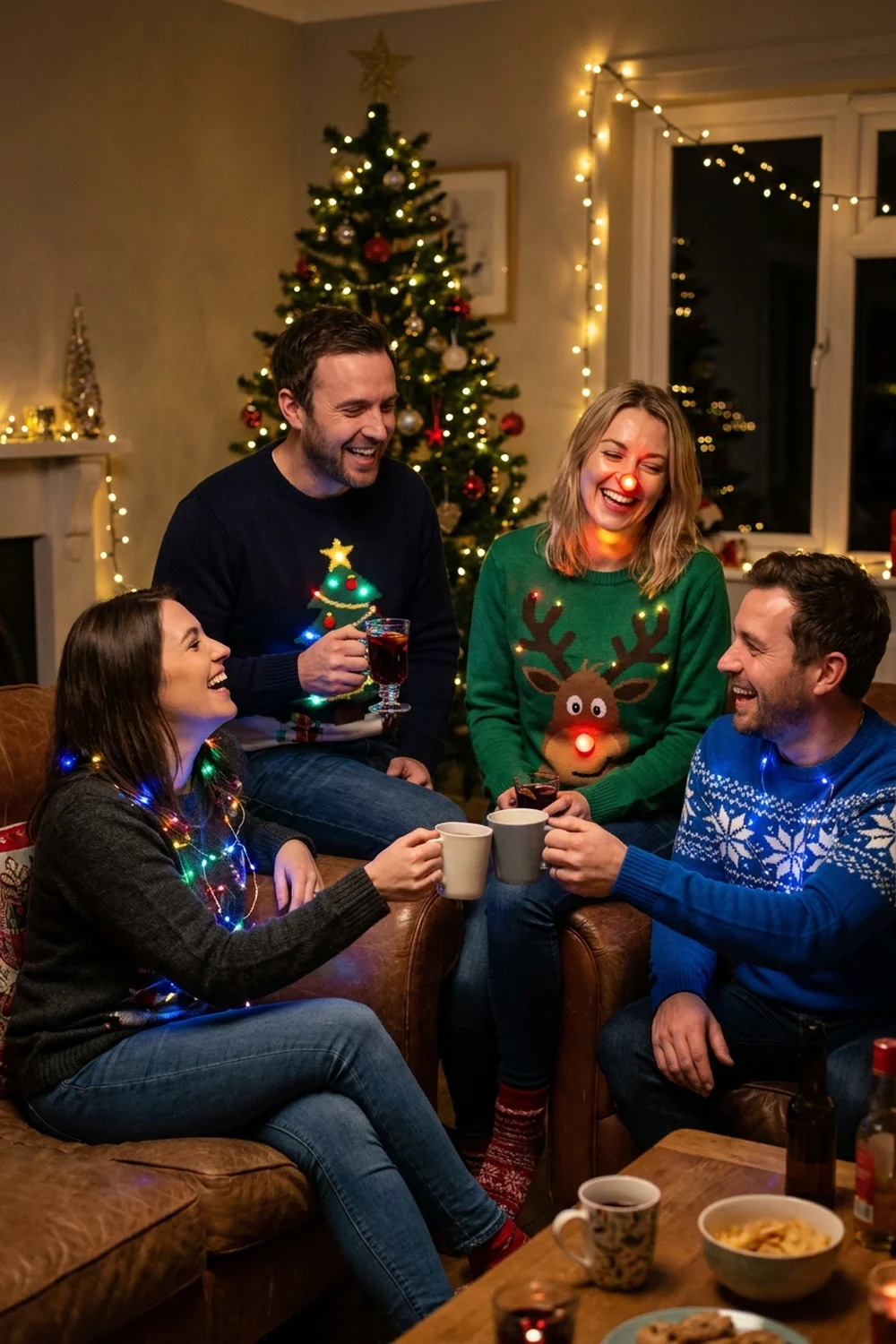 Four friends at a dim house Christmas party wearing novelty light-up sweaters with glowing LED bulbs, laughing over drinks by a lit tree