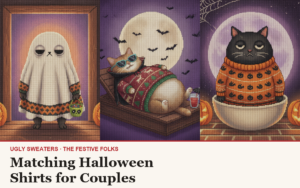 Matching Halloween Shirts for Couples: the Festive Folks Halloween designs, house title strip