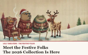 Knitted cast of deadpan animals in ugly Christmas sweaters standing in the snow: duck in an armchair, capybara in sunglasses, cheerful frog and a reindeer tangled in string lights