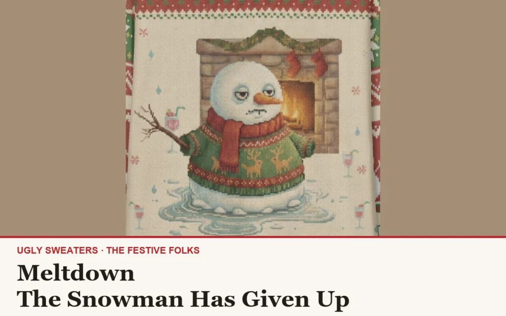 The Meltdown character design, a deadpan snowman in a green knitted sweater and red scarf, melting quietly in front of a lit fireplace