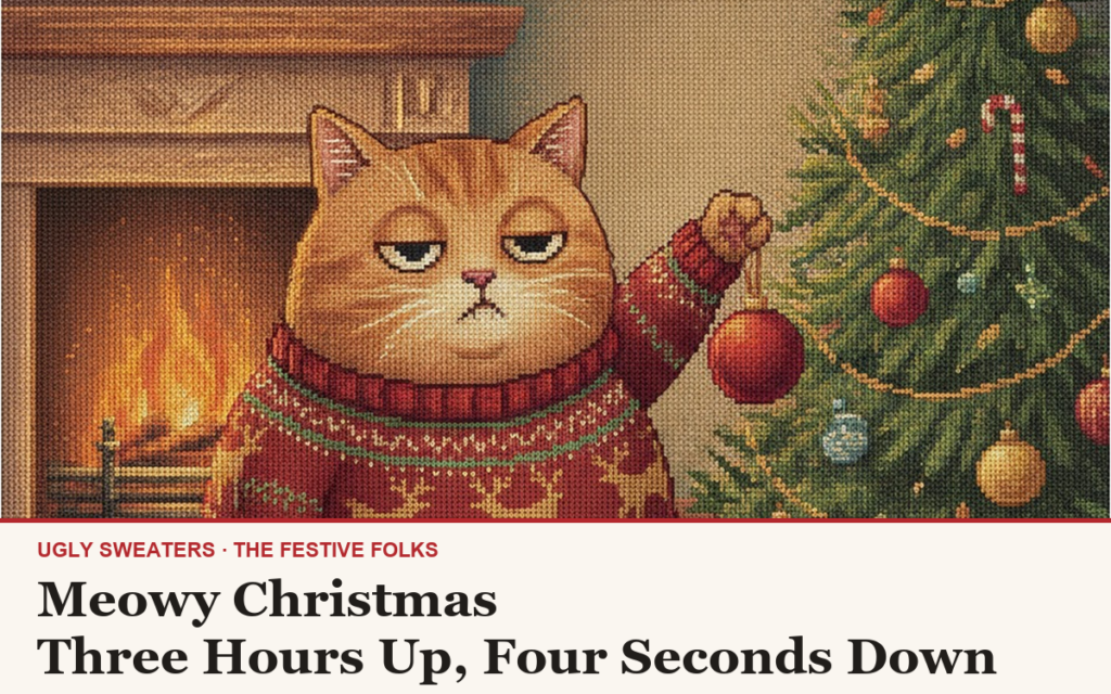 The Meowy Christmas character design, an unimpressed orange cat swatting an ornament off the tree