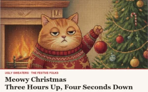 The Meowy Christmas character design, an unimpressed orange cat swatting an ornament off the tree
