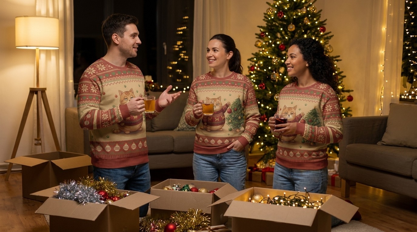 Friends unpacking decorations, three of them wearing the Meowy Christmas ugly Christmas sweatshirt
