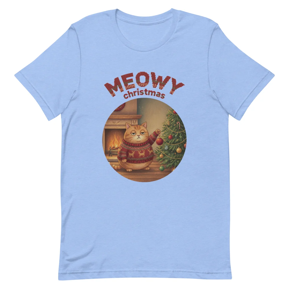 Meowy Christmas Ugly Christmas Tee, Blue flat