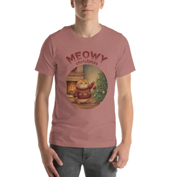Meowy Christmas knitted-badge tee on a model