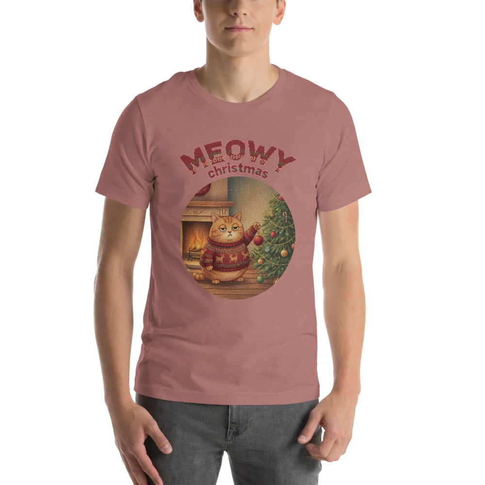 Meowy Christmas Ugly Christmas Tee, Mauve model